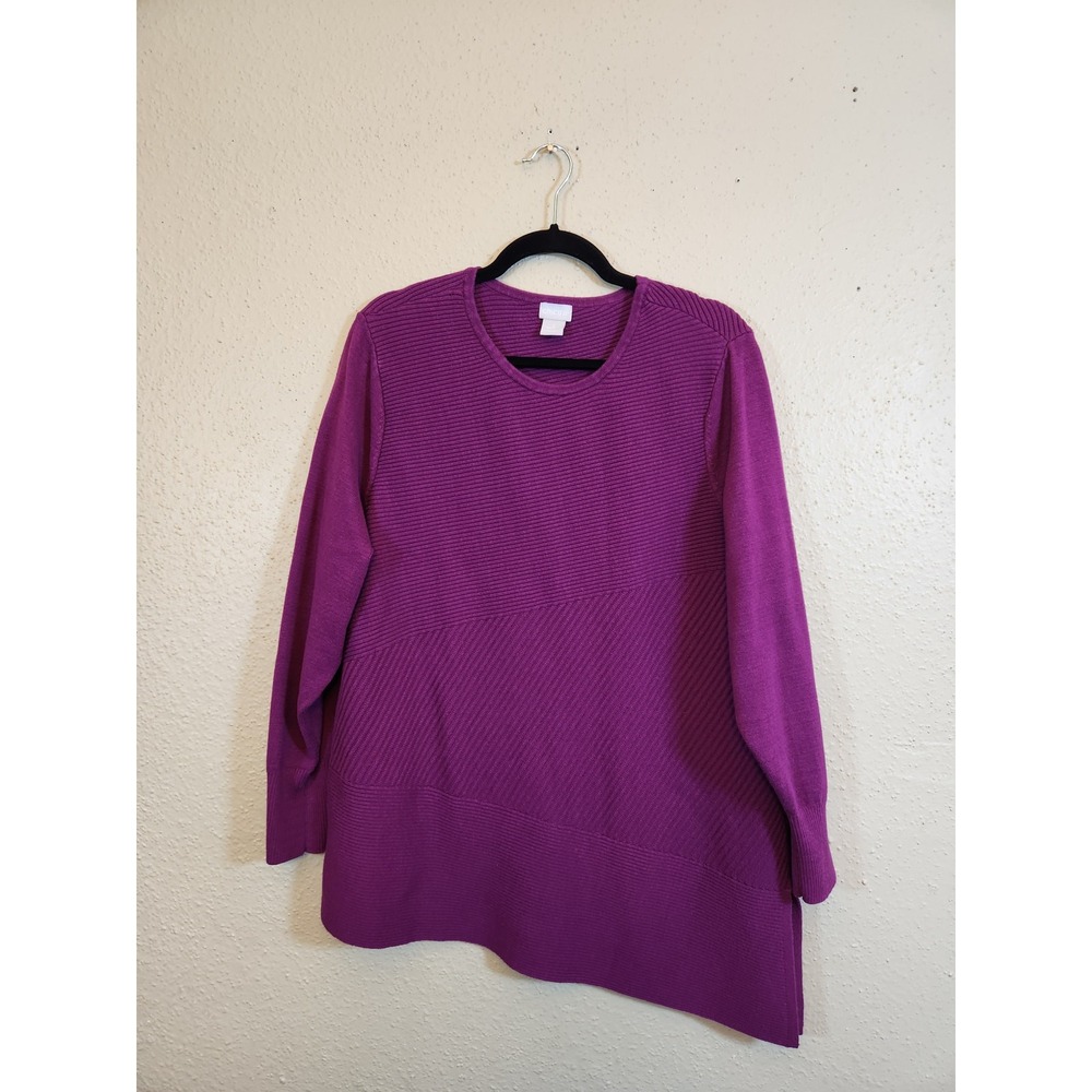Chico's Womens XL Magenta Purple Ribbed Knit Asymmetrical Hem Sweater Size 3